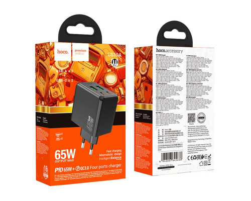 Мережевий Зарядний Пристрій Hoco CS19A 2USB-C/2USB PD/QC 65W Колір Чорний 6942007645638 ma36896_3609482