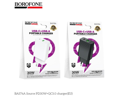 Мережевий Зарядний Пристрій Borofone BAS76A 1USB-C/1USB PD/QC 30W Колір Бiлий 6941991122880 ma38223_3667908