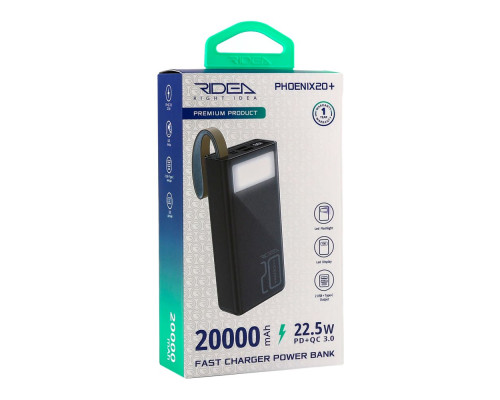 Універсальна Мобільна Батарея Power Bank Ridea RP-D20L+ Phoenix20+ PD/QC 3.0 20W digital display + lamp 20000 mAh Колір Чорний 6902014450458 ma33340_3868686