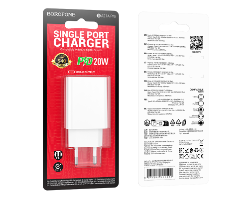 Зарядний пристрій Borofone BA21A Pro 20W 3A 1USB-C white PLS-00-00135112