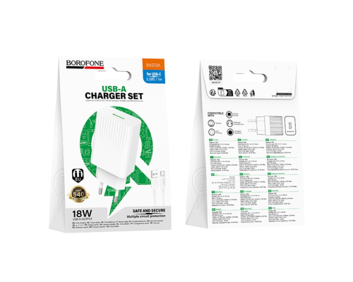 Зарядний пристрій Borofone BAS72A 18W 3A USB-A з кабелем A-C white PLS-00-00156104