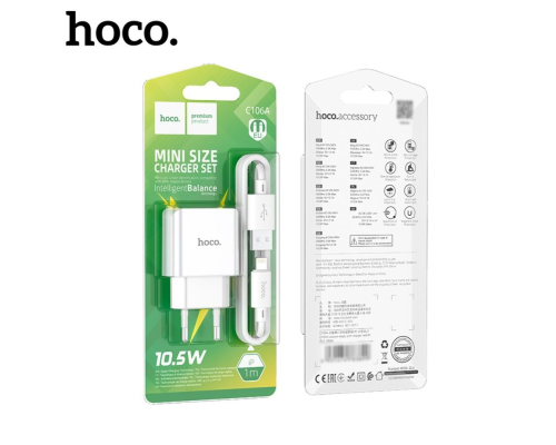 Зарядний пристрій Hoco C106A 10.5W 2.1A 1USB-A з кабелем Lightning white PLS-00-00114973
