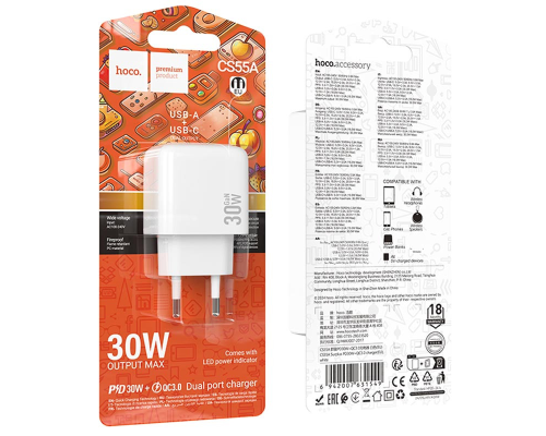 Зарядний пристрій Hoco CS55A 30W 3A USB-A+USB-C white PLS-00-00145467