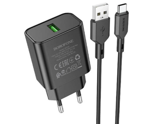 Зарядний пристрій Borofone BA72A 18W 3A USB-A з кабелем A-C black PLS-00-00120518