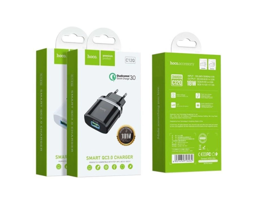 Зарядний пристрій Hoco C12Q 18W 3A 1USB-A black PLS-00-00053426