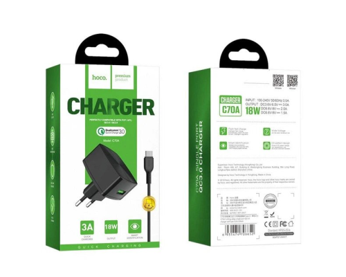 Зарядний пристрій Hoco C70A 18W 3A USB-A з кабелем A-C black PLS-00-00051034