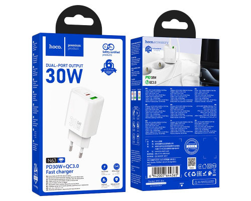 Зарядний пристрій Hoco N63 30W 3A USB-A+USB-C white PLS-00-00139491