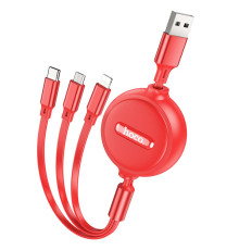 Кабель USB Hoco X75 Double-pull 3-in-1 IP+Type-C+Micro 2A Колір Червоний 6931474767394