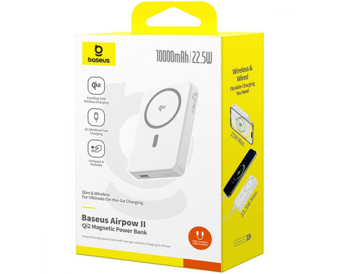 Портативна Батарея Baseus Airpow II Qi2 22.5W 10000mAh white 2003000273816 6932172676995