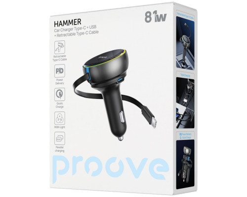 АЗП Proove Hammer 81W (Type-C + USB) + Retractable Type-C Cable black 2003000317145 6901113826805