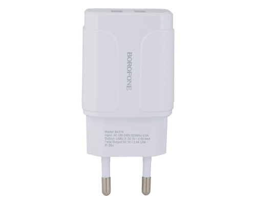 Мережевий Зарядний Пристрій Borofone BA37A Lightning 2USB 2.4A Колір Білий 6931474716071