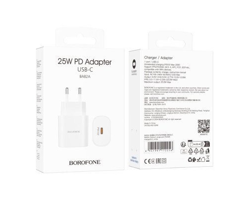 Мережевий Зарядний Пристрій Borofone BA82A 1USB-C PD/QC 25W Колір Бiлий 6941991112256