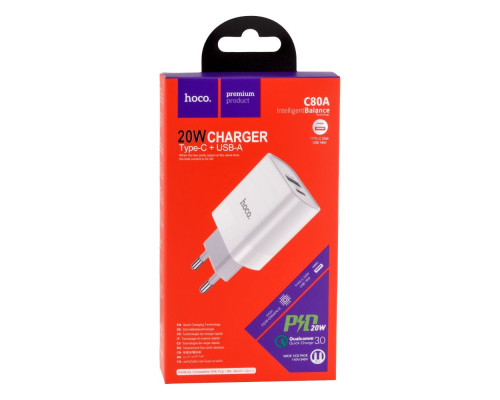 Мережевий Зарядний Пристрій Hoco C80A PD20W + QC 3.0 М'ята упаковка Колір Бiлий 2020000403395 ma34896_3344257