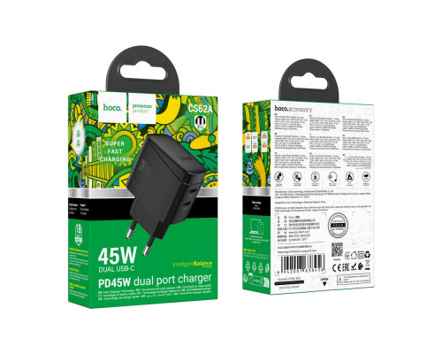 Мережевий Зарядний Пристрій Hoco CS62A 2USB-C PD/QC 45W GAN Колір Чорний 6942007638456 ma35802_3605217