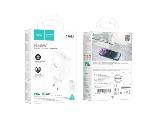 Мережевий Зарядний Пристрій Hoco C108A Leader PD35W/QC Type-C to Lightning М'ята упаковка Колір Бiлий 2020000433156