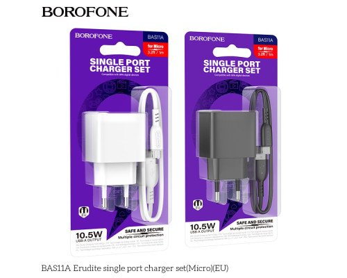 Мережевий Зарядний Пристрій Borofone BAS11A 1USB 2.1A+USB to Micro Колір Чорний 6941991104633 ma37484_3612143