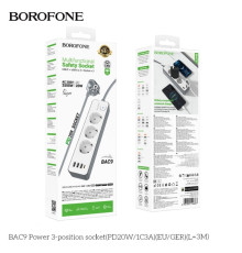 Мережевий Подовжувач Borofone BAC9 (PD20W/1C3A)(EU)(L=3M) М'ята упаковка Колір Бiлий ma39108_3869928
