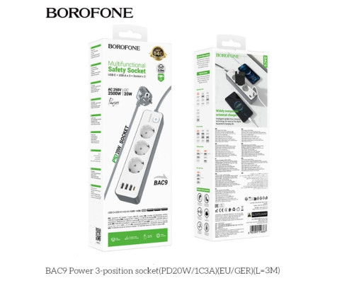 Мережевий Подовжувач Borofone BAC9 (PD20W/1C3A)(EU)(L=3M) М'ята упаковка Колір Бiлий ma39108_3869928