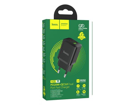 Зарядний пристрій Hoco N28 20W 3A 1USB-A+1USB-C black PLS-00-00102289