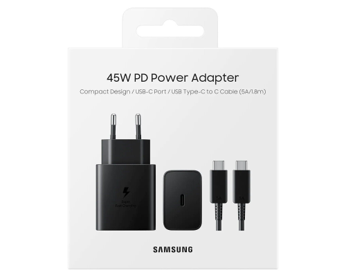 Зарядний пристрій Samsung 45W 5A 1USB-C EP-T4510XBEGEU retail packing з кабелем Type-C (Original) black PLS-00-00114100