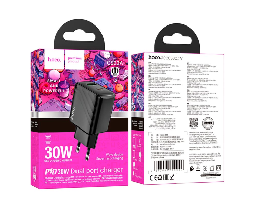 Зарядний пристрій Hoco CS23A 30W 3A USB-A+USB-С black PLS-00-00145279