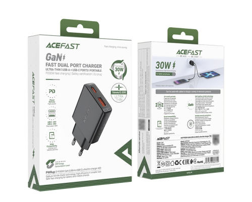 Зарядний пристрій Acefast A69 30W 3A USB-A+USB-С black PLS-00-00124990