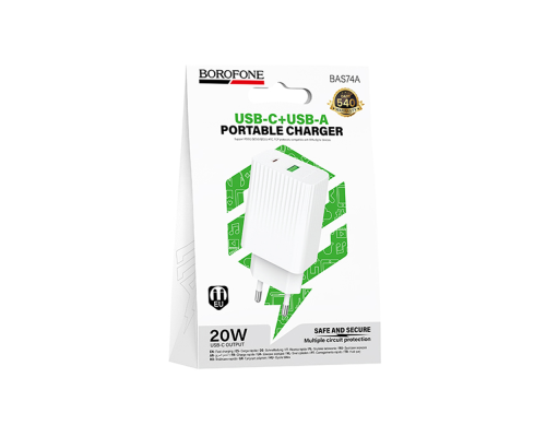 Зарядний пристрій Borofone BAS74A 20W 3A USB-A+USB-C white PLS-00-00156108
