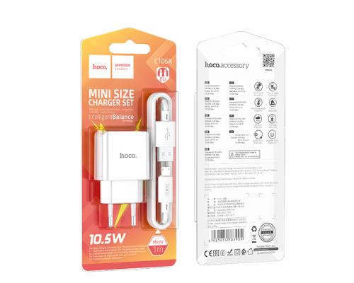 Зарядний пристрій Hoco C106A 10.5W 2.1A 1USB-A з кабелем Micro USB white PLS-00-00102076