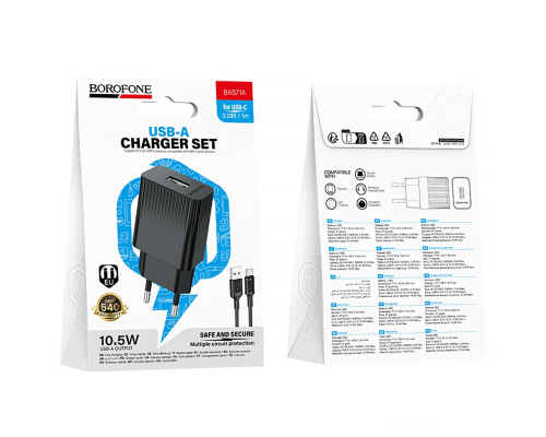 Зарядний пристрій Borofone BAS71A 10.5W 2.1A USB-A з кабелем A-C black PLS-00-00147786