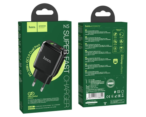 Зарядний пристрій Hoco N5 20W 3A USB-A+USB-C black PLS-00-00066697