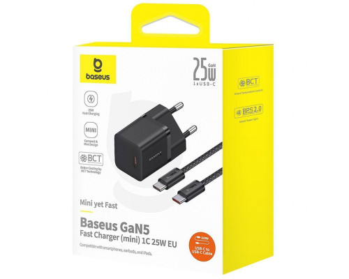 МЗП Baseus GaN5 Mini Fast Charger Type-C 25W (З кабелем Type-C to Type-C 100W 1m) white