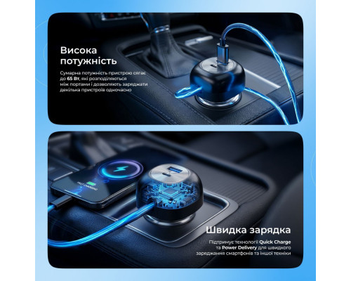 АЗП Proove Pulsar 65W (Type-C + USB) + Retractable Type-C Cable black 2003000317138 6901115552078