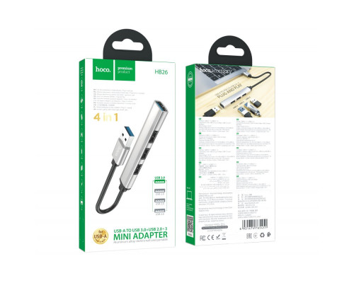 Хаб USB Hoco HB26 4 in 1 adapter(USB to USB3.0+USB2.0*3) Колір Срібло 6931474765451