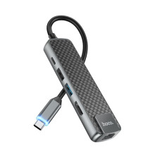 Хаб USB Hoco HB23 Type-C to (HDMI+USB3.0+USB2.0+RJ45+PD) Колір Сiрий 6931474759337