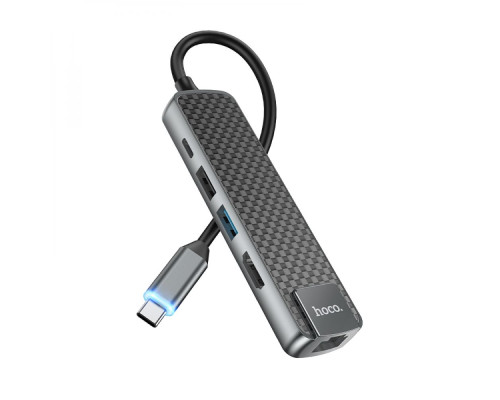 Хаб USB Hoco HB23 Type-C to (HDTV+USB3.0+USB2.0+RJ45+PD) Колір Сiрий