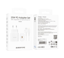 Мережевий Зарядний Пристрій Borofone BA82A 1USB-C PD/QC 25W+Type-C to Lightning Колір Бiлий 6941991112263