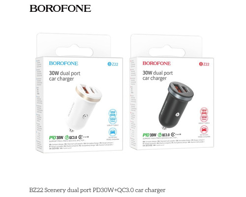 Автомобільний Зарядний Пристрій Borofone BZ22 1USB/1USB-C QC/PD30W Колір Бiлий 6941991105197