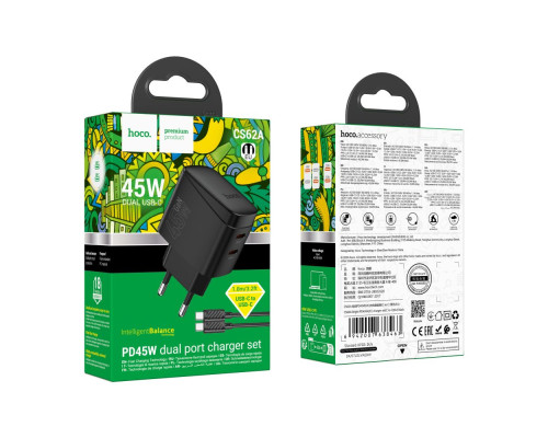 Мережевий Зарядний Пристрій Hoco CS62A 2USB-C PD/QC 45W GAN+Type-C to Type-C Колір Чорний 6942007638463 ma35803_3605218