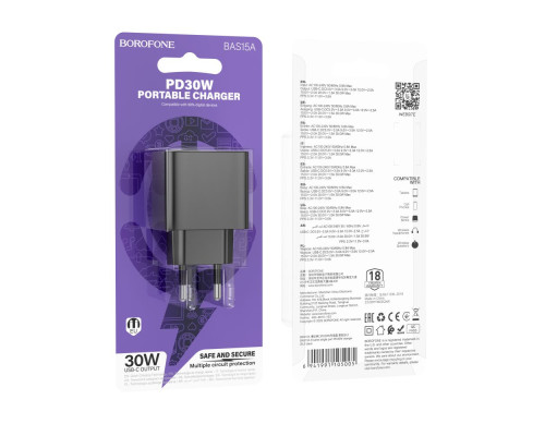 Мережевий Зарядний Пристрій Borofone BAS15A 1USB-C 30W Колір Чорний 6941991105005