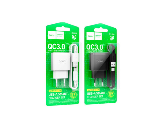 Мережевий Зарядний Пристрій Hoco C140A 1USB QC 18W+USB to Type-C Колір Чорний 6942007627825 ma36296_3607266
