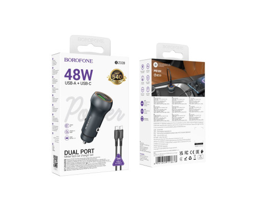 Автомобільний Зарядний Пристрій Borofone BZ32B 1USB/1USB-C QC/PD48W+Type-C to Type-C Колір Сiрий 6941991118678 ma36523_3608542