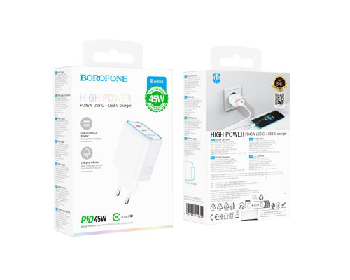 Мережевий Зарядний Пристрій Borofone BA90A 2USB-C PD/QC45W Колір Бiлий 6941991119392 ma36860_3609398