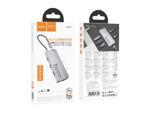 Хаб USB Hoco HB51 Type-C 6-in-1 (HDTV+RJ45-100Mbps+PD+USB3.0*3) Колір Сірий 6942007647304 ma37125_3610404