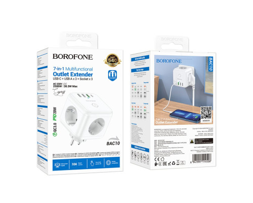 Мережевий Подовжувач Borofone BAC10 (PD20W/1C3A)(EU) Колір Бiлий 6941991114526