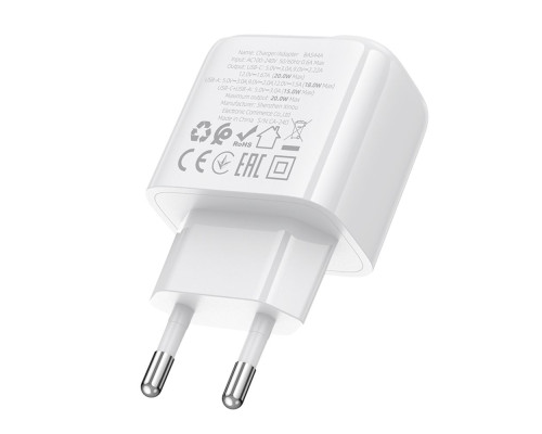 Мережевий Зарядний Пристрій Borofone BAS44A 1USB-C/1USB PD/QC 20W Колір Бiлий 6941991113840 ma35137_3345028