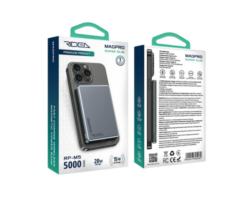Мобільна Батарея Ridea RP-M5 MAGPRO QC/PD 20W, QI 15W with Magnetic 5000mAh Колір Сiрий 6902013395262 ma35359_3345851