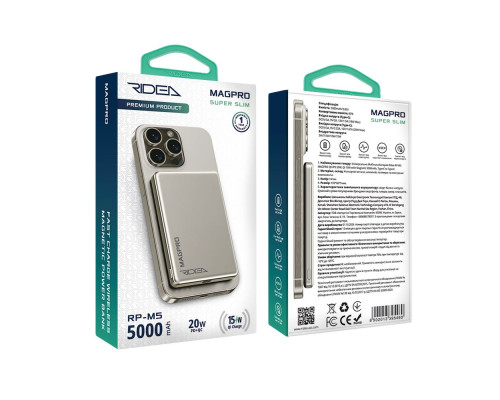 Мобільна Батарея Ridea RP-M5 MAGPRO QC/PD 20W, QI 15W with Magnetic 5000mAh Колір Сiрий 6902013395262 ma35359_3345851