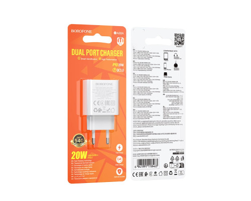 Мережевий Зарядний Пристрій Borofone BA88A 1USB-C/1USB PD/QC 20W Колір Бiлий 6941991118463 ma36575_3608604