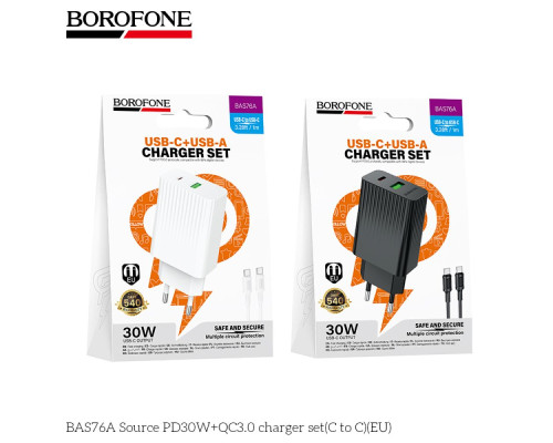 Мережевий Зарядний Пристрій Borofone BAS76A 1USB-C/1USB PD/QC 30W+Type-C to Type-C Колір Бiлий 6941991122927 ma38225_3667912