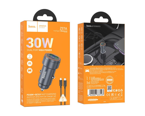 Автомобільний Зарядний Пристрій Hoco Z57A 1USB/1USB-C PD30W/QC3.0+Type-C to Lightning Колір Сiрий 6942007633123 ma35605_3347274